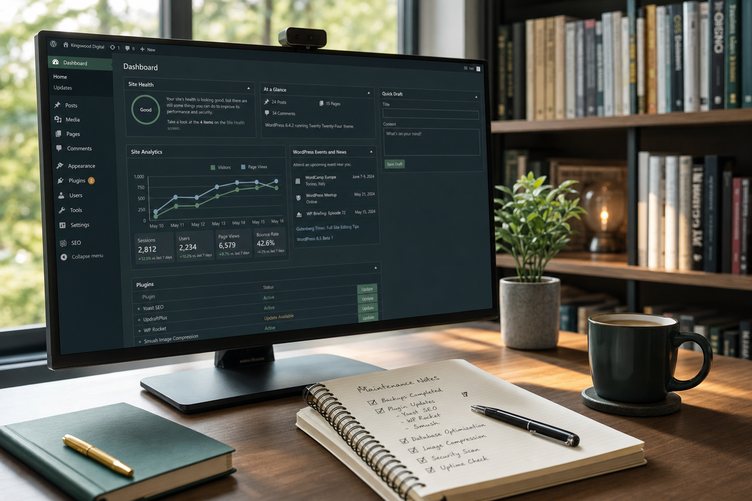 A modern desk setup with a website dashboard on screen, plus small visual cues like a shield icon, update icon, backup/cloud icon, analytics chart, or status monitor.