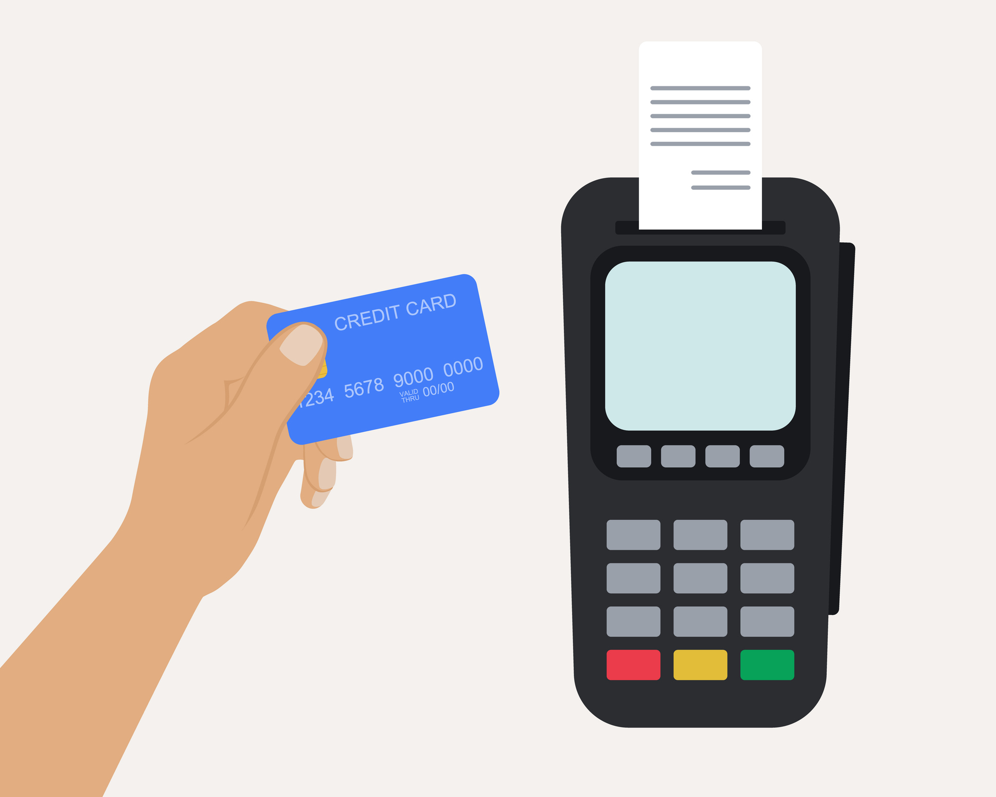 Credit card processor with an extending receipt to demonstrate the payment processing procedure.